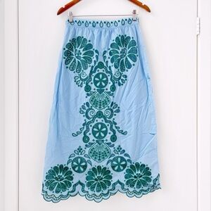 DAMAGED Farm Rio Light Blue And Green Graphic Richelieu Skirt Fabric S